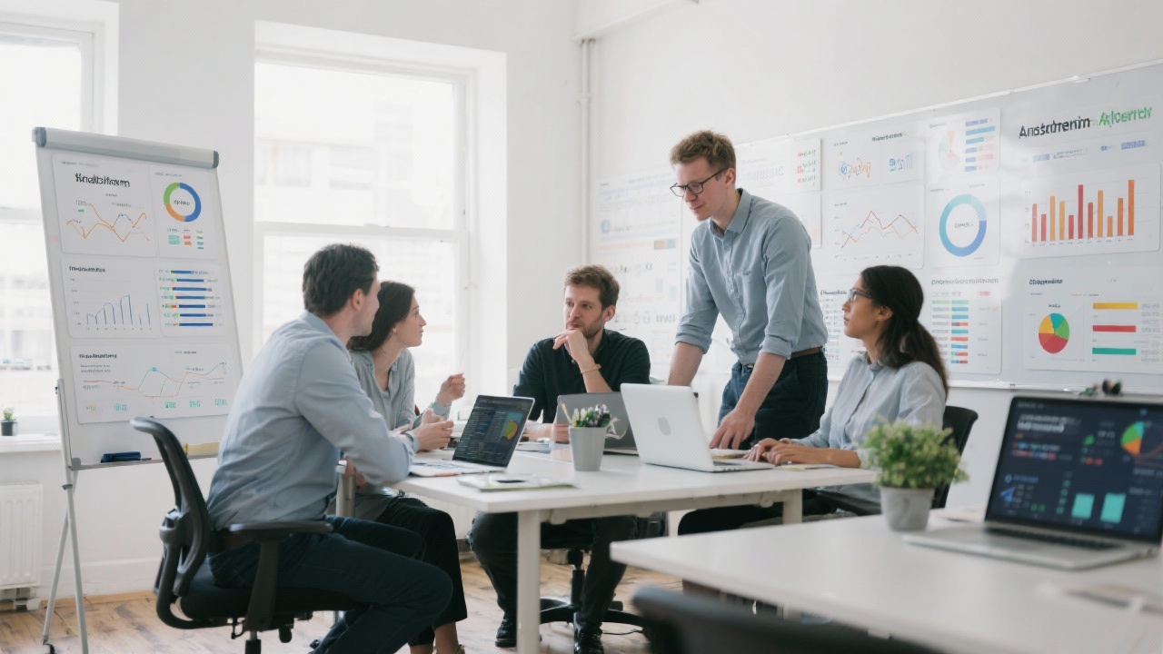 Analytical team collaborating in a bright Amsterdam workspace surrounded by whiteboards, laptops and dashboards that display key performance metrics and growth experiments.