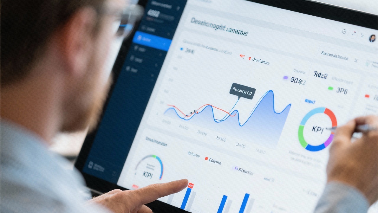 Close-up photograph of a dynamic analytics interface showing predictive demand curves, KPI gauges and annotations used by a Dutch retail planner during a strategy session.