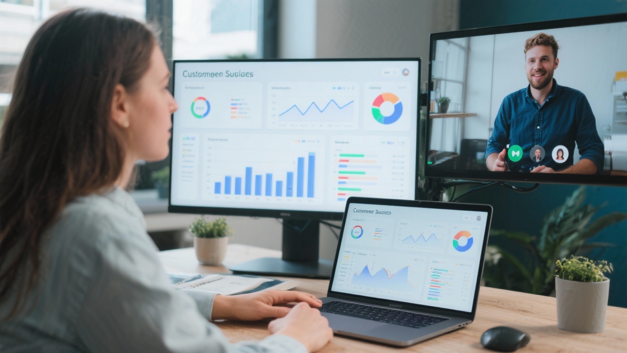 Customer success specialist speaking with a Dutch entrepreneur on a video call while reviewing analytics dashboards displayed on a laptop and second monitor.