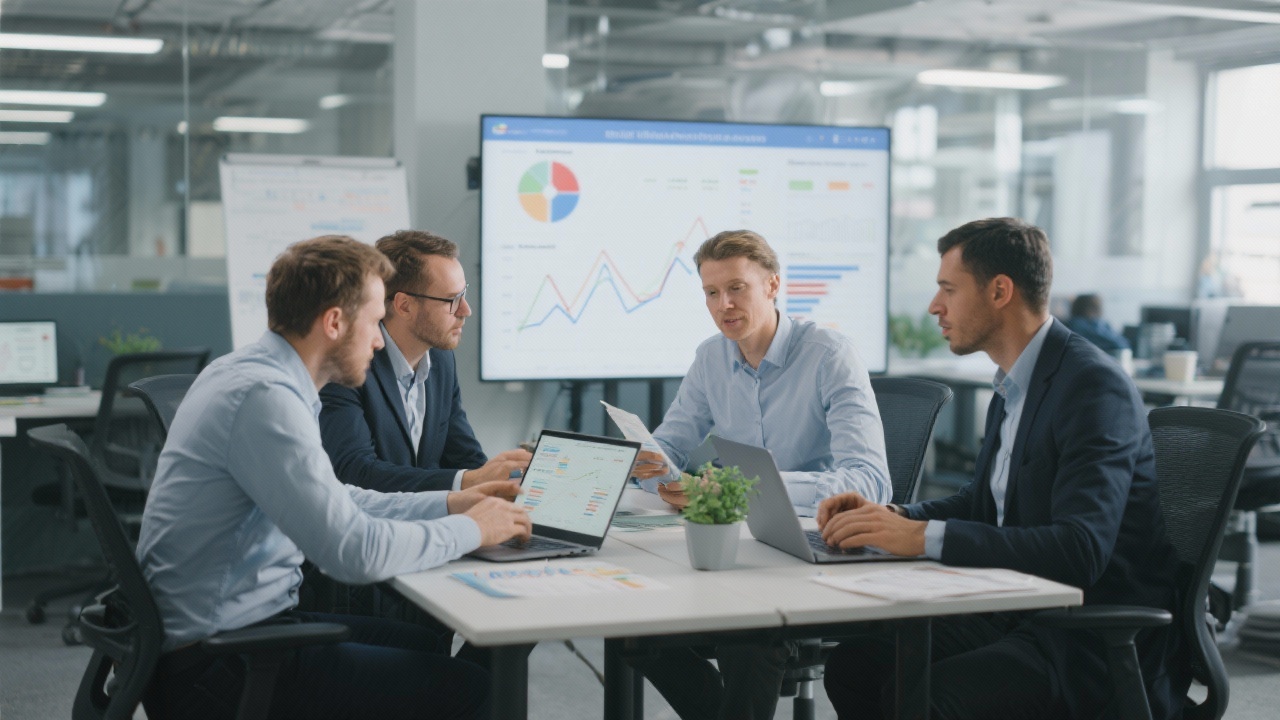 Professional consultants sitting in a collaborative workspace analysing quarterly revenue data on laptops while discussing strategic initiatives for scaling predictive analytics within a midsize European company.