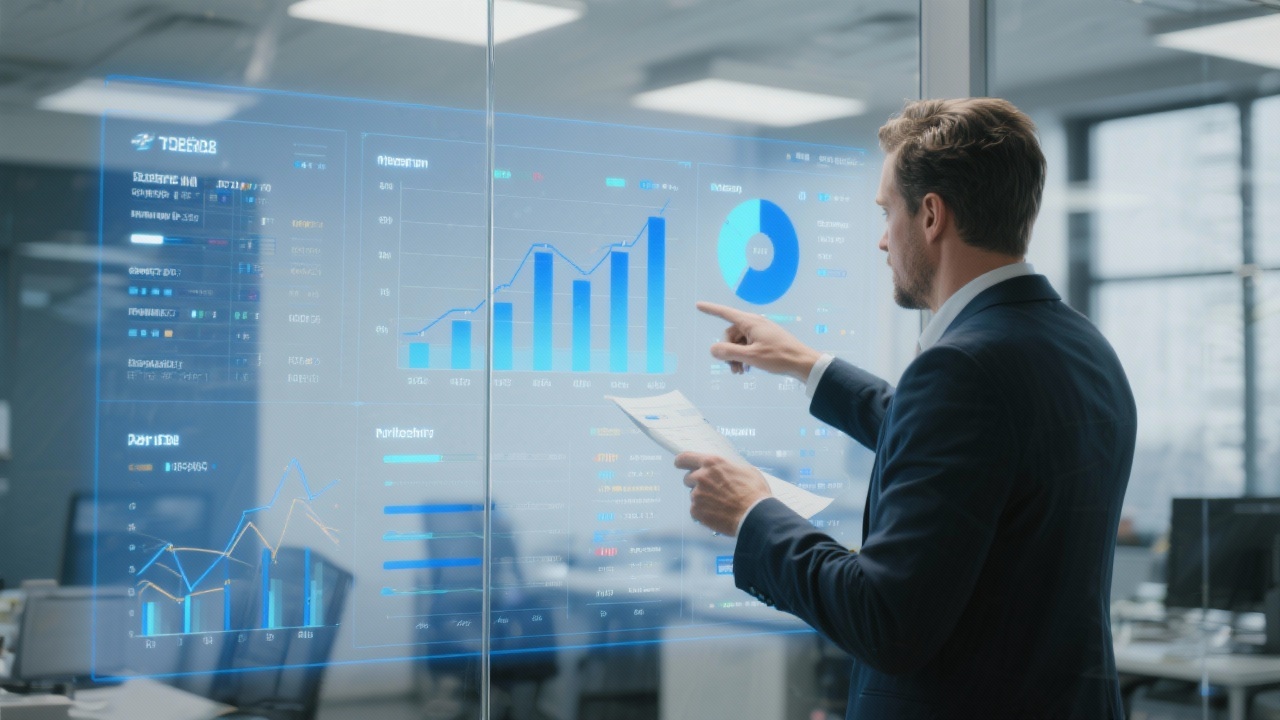 High resolution photo of a Dutch business founder reviewing interactive analytics dashboard with blue charts and graphs projected on glass screen inside a modern office environment.