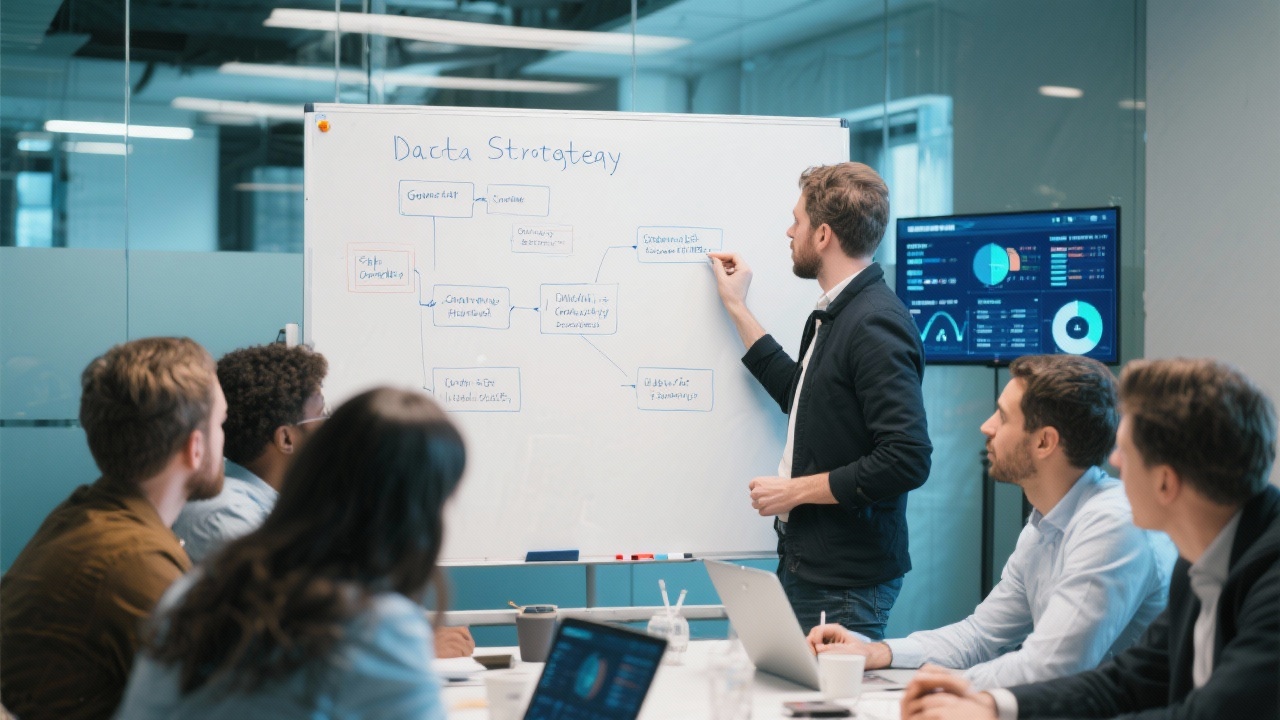 Data strategy workshop with entrepreneurs mapping governance processes on a whiteboard while referencing digital dashboards projected on glass panels.