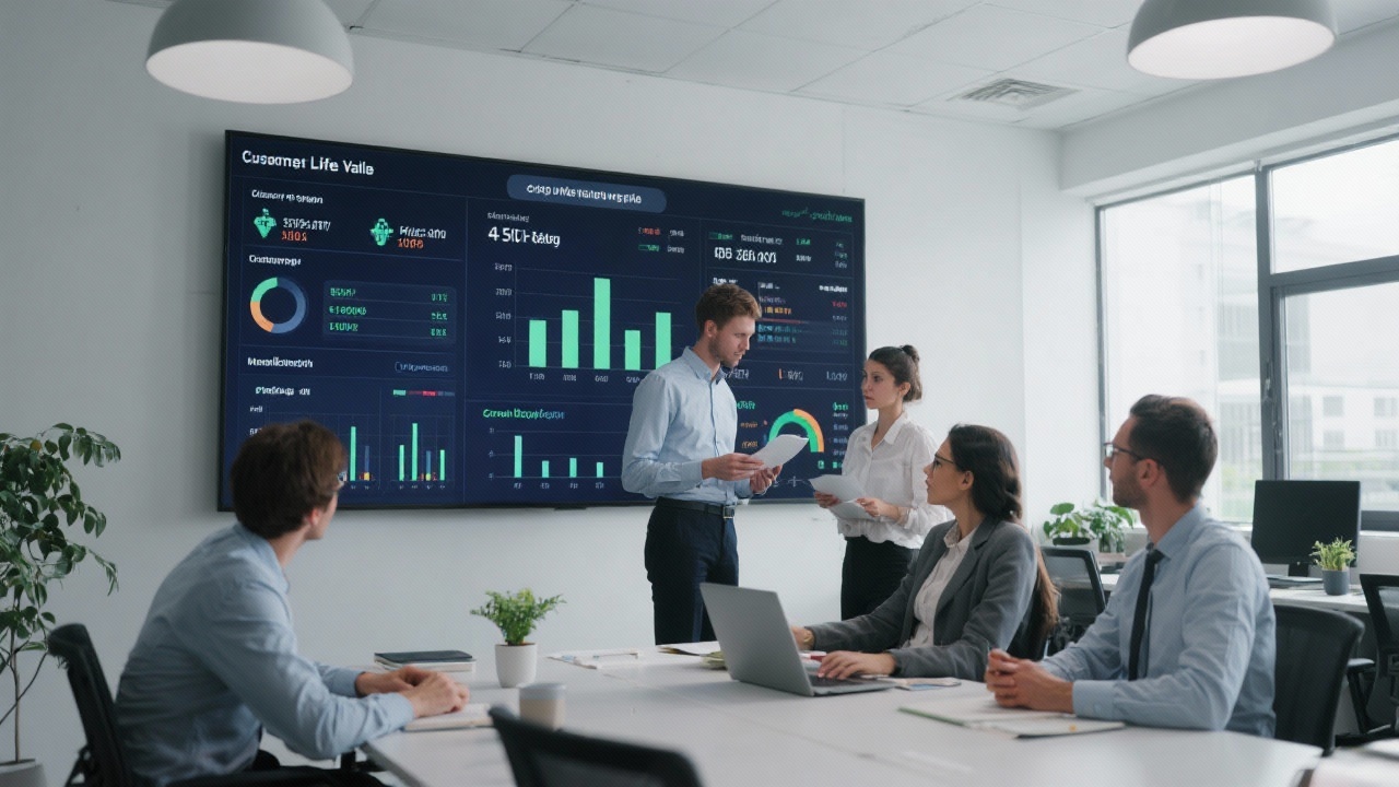 Modern office setting with marketing analysts evaluating customer lifetime value metrics on large wall-mounted dashboards while collaborating on a growth playbook.
