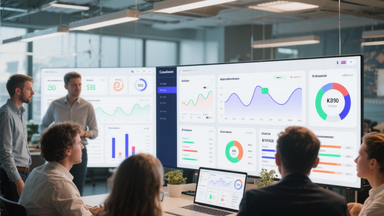 Digital workspace displaying layered KPI dashboards with financial, operational and customer metrics designed for a Dutch entrepreneurial team.