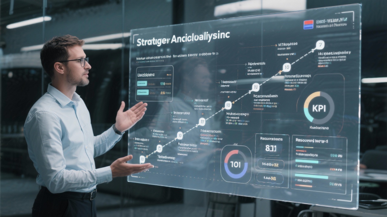 Consultant presenting a strategic analytics roadmap on a transparent screen showing milestones, KPI targets and resource planning for a Dutch business.