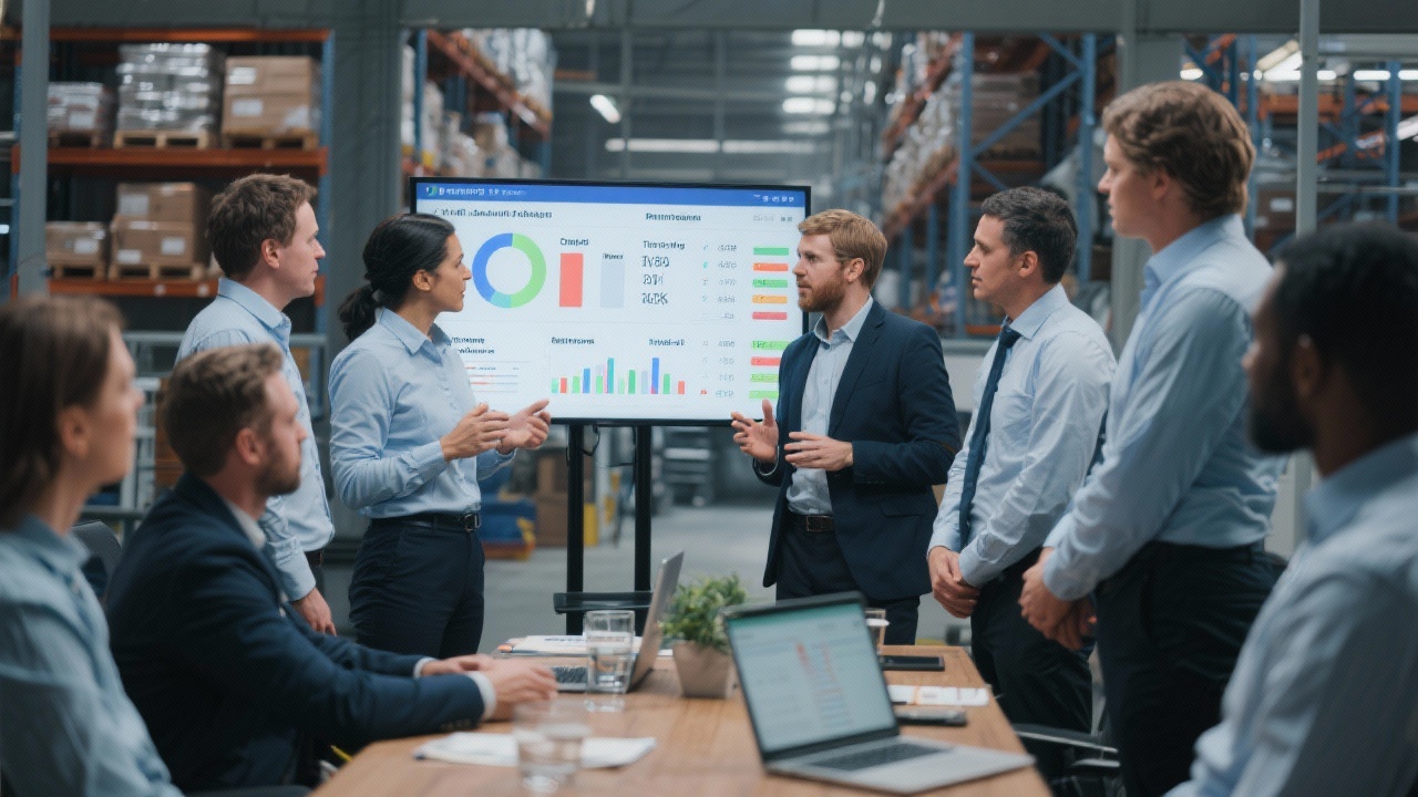 Group of supply chain specialists discussing warehouse performance dashboards that visualise throughput, delays and supplier scores during a morning stand-up meeting.